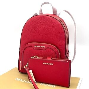Michael Kors Jaycee Medium Backpack & Double Zip Wallet Wristlet Red/Gold